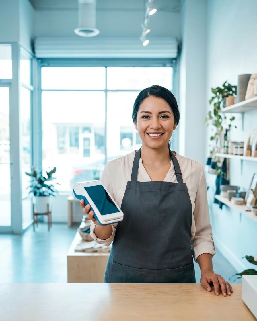 Comerciante en su negocio ofreciendo una terminal punto de venta